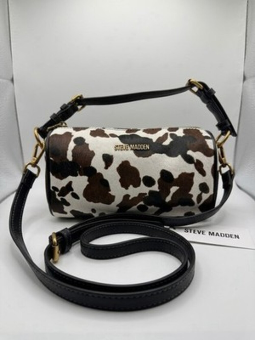 NWT Steve Madden Cow Print Barrel Crossbody Bag Brown White Cylinder Handbag - Picture 1 of 8